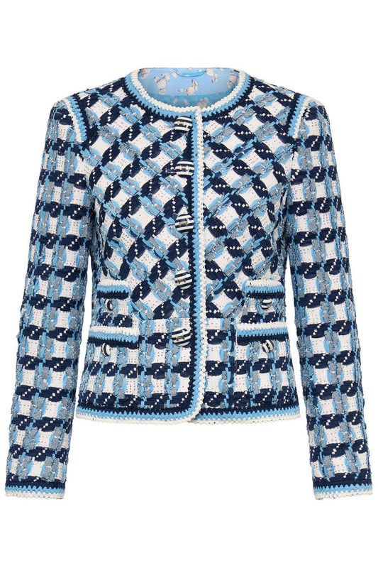 Jewel Neck Tweed Striped Jacket-BLUE-34-CLOTHINGJACKETCASUAL-MAISON COMMON