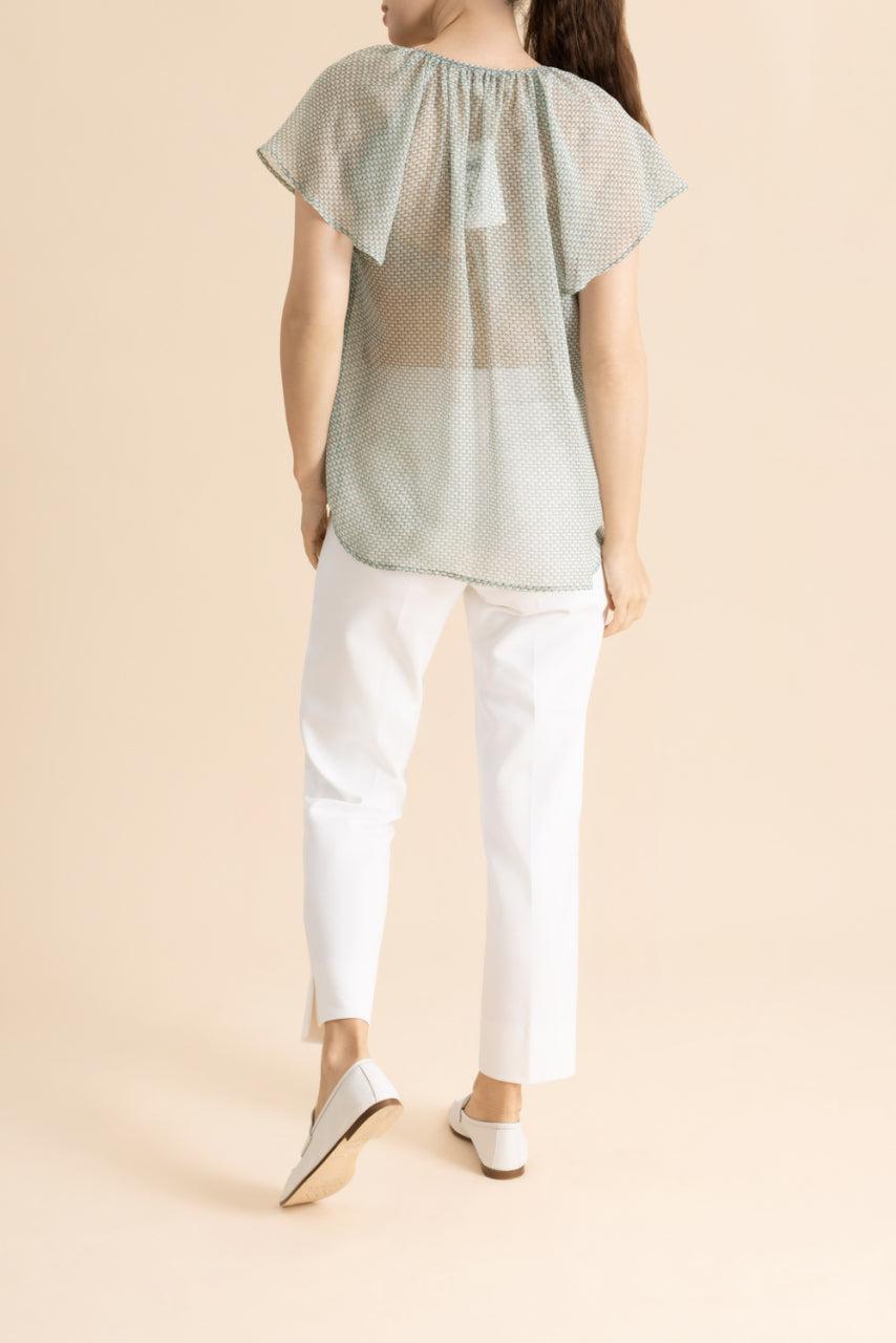Lattice Flutter Cap Sleeve Blouse-GREEN-32-CLOTHINGTOPBLOUSE-MAISON COMMON