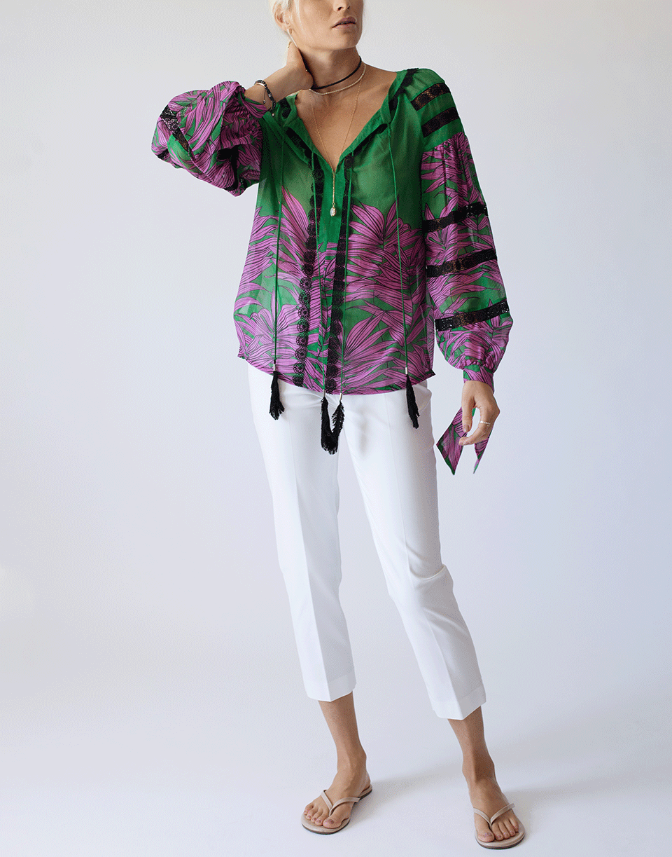 MAISON COMMON-Feather Tie Front Blouse-GRN/PNK