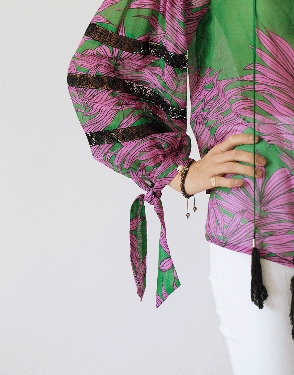 MAISON COMMON-Feather Tie Front Blouse-GRN/PNK