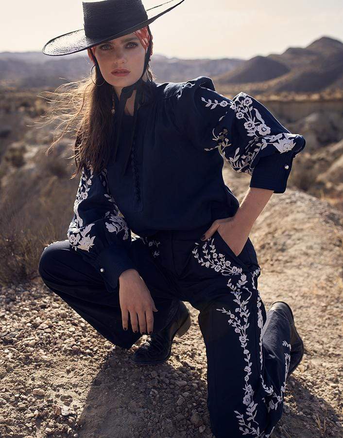 MAISON COMMON-Navy Embroidered Linen Belted Blouse-