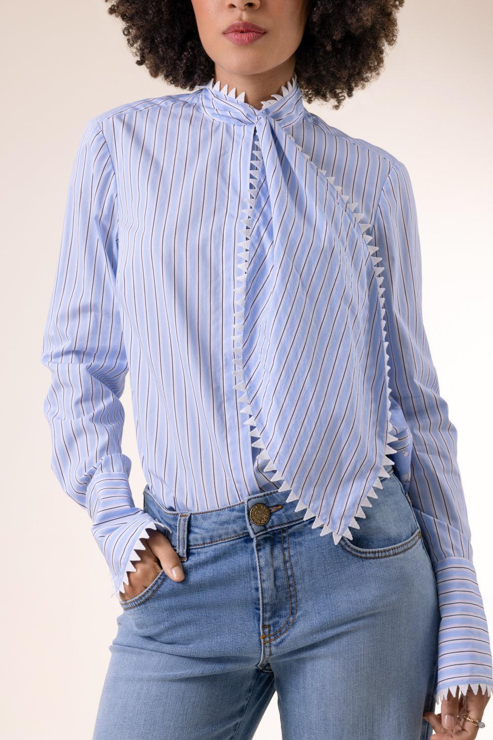 Striped Poodle Print Long Sleeve Blouse-STRIPE-34-CLOTHINGTOPBLOUSE-MAISON COMMON