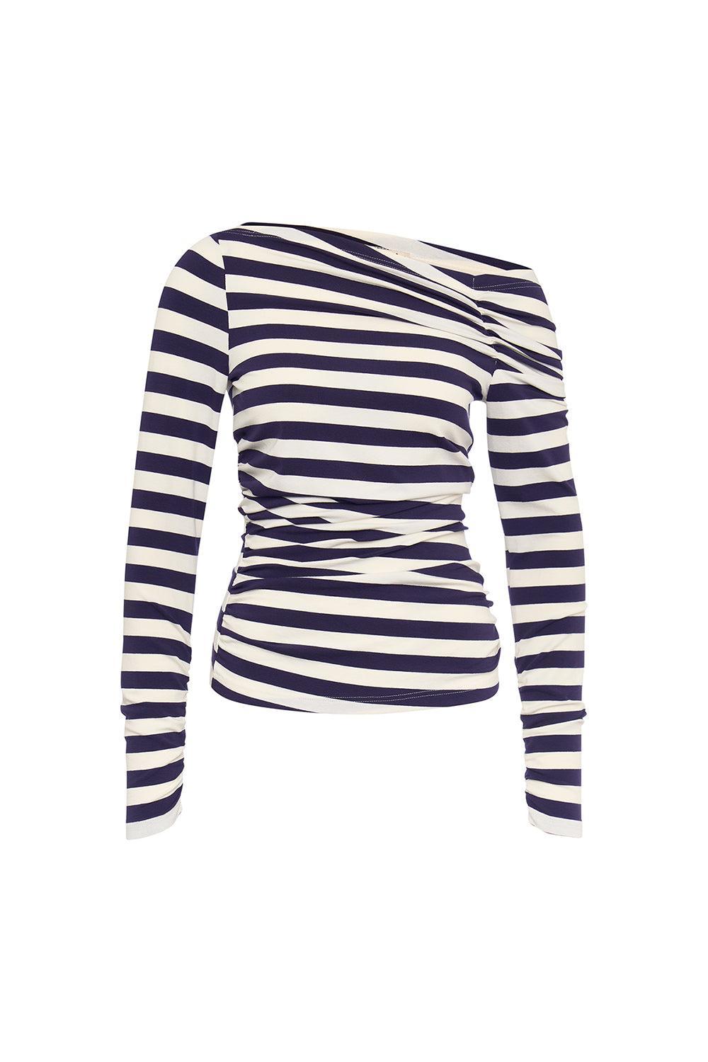 Stripe Ruched Tee - Navy White-NVY/WHT-34-CLOTHINGTOPT-SHIRT-MAISON COMMON