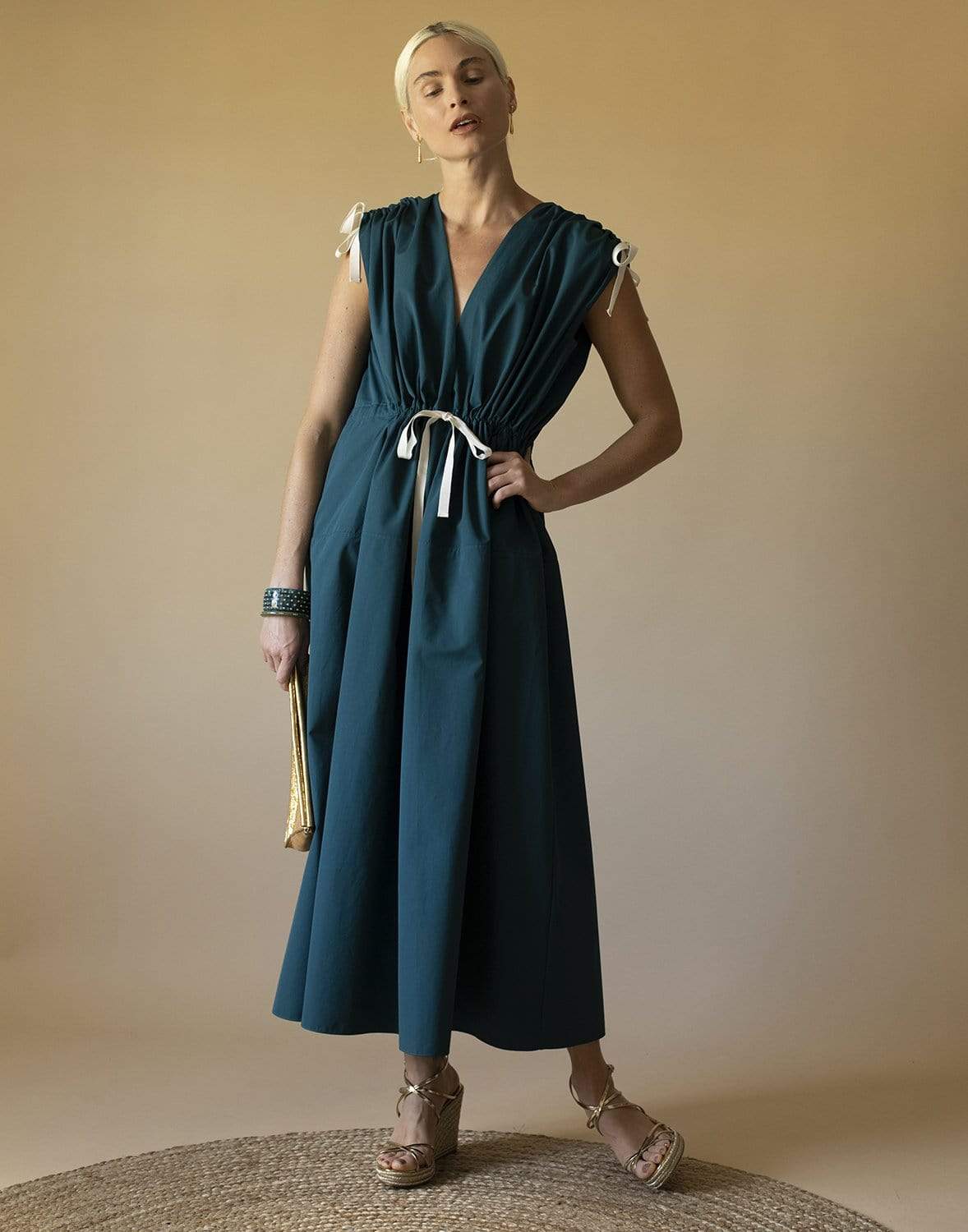 MAISON RABIH KAYROUZ-Sleeveless V-Neck Shoulder Tie Maxi Dress-