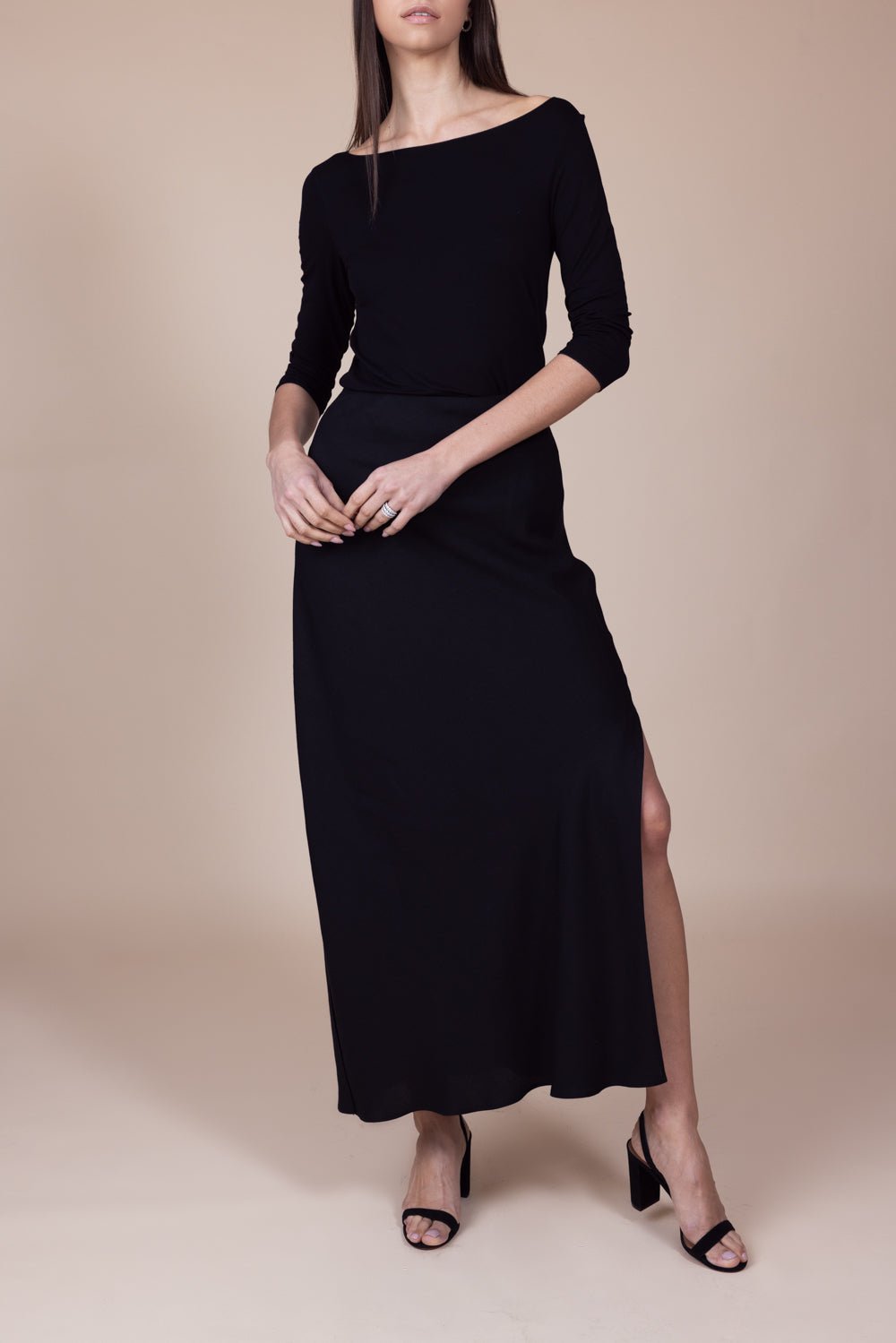 MAJESTIC FILATURES-Three Quarter Sleeve Boatneck Tee - Noir-