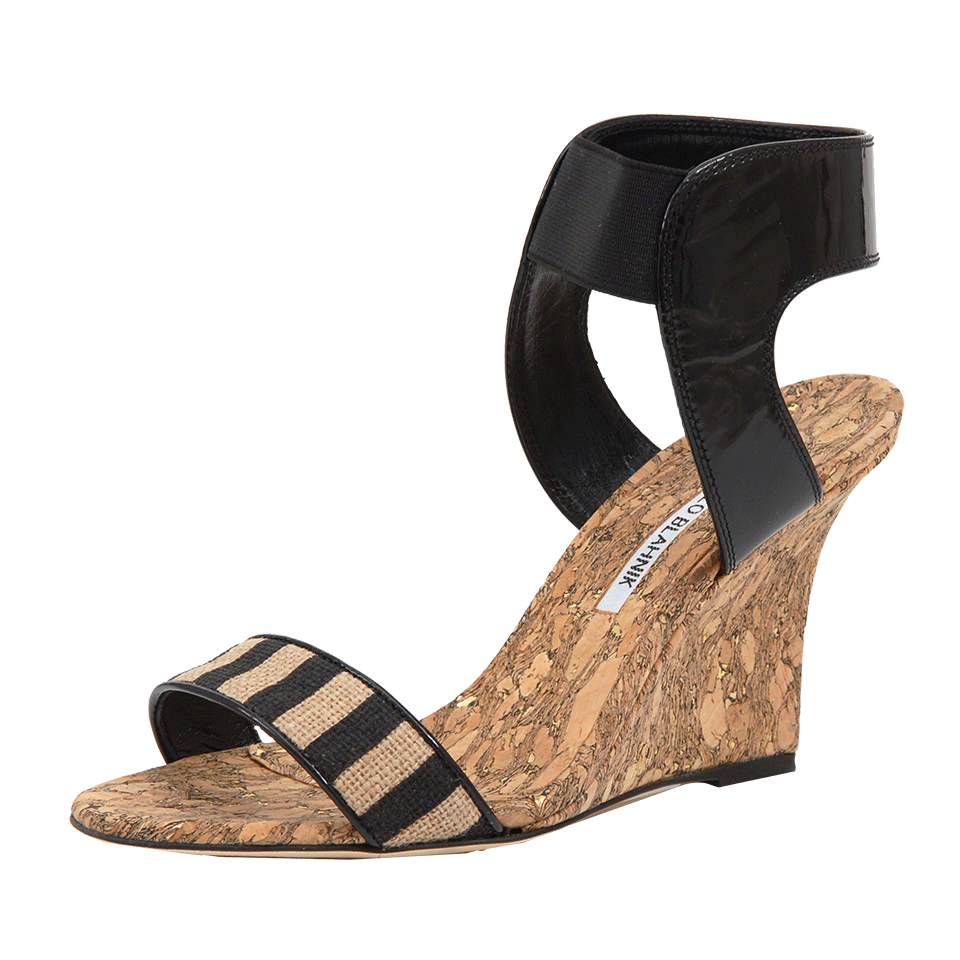 MANOLO BLAHNIK-Cork Wedge With Patent Striped Strap-