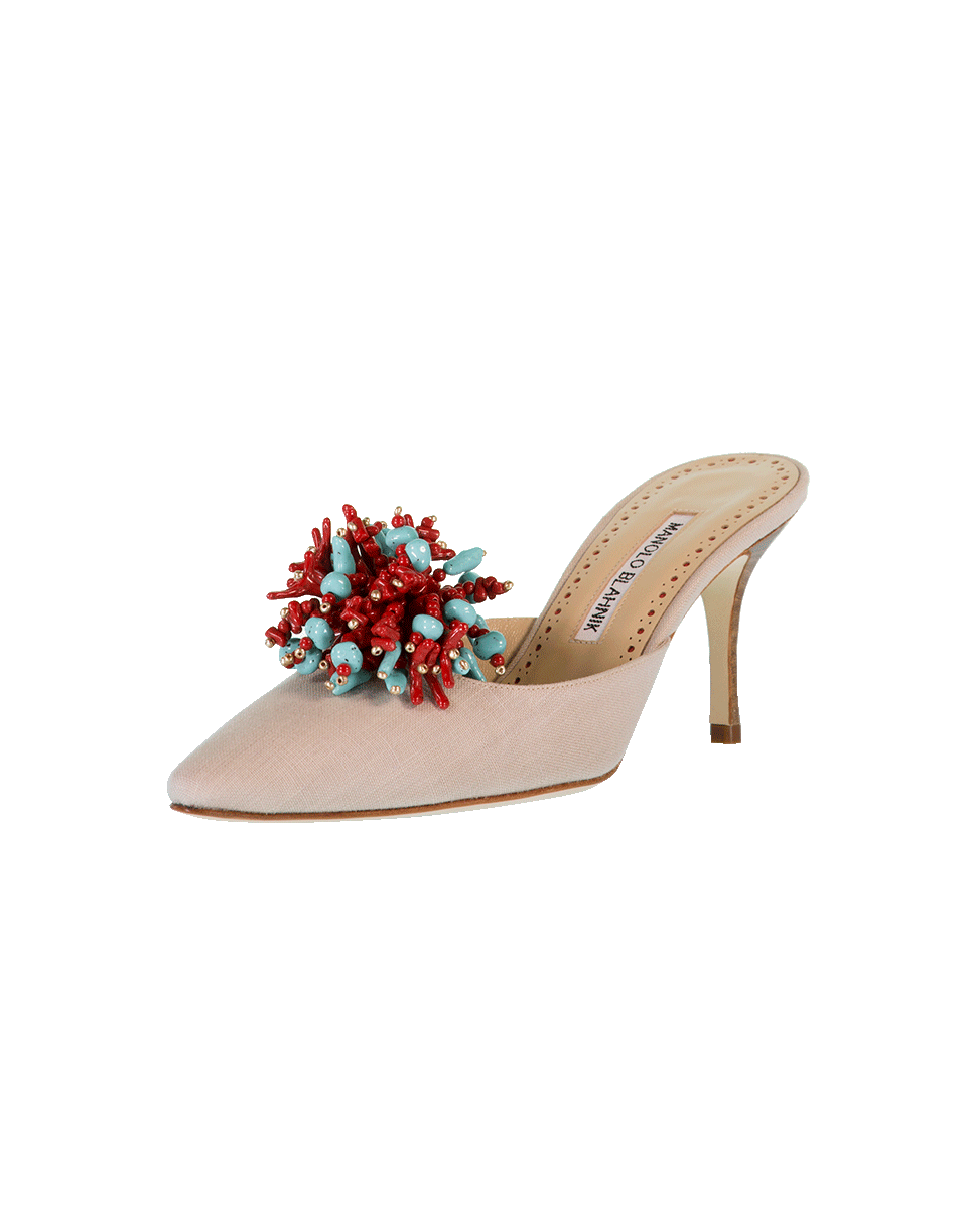 MANOLO BLAHNIK-Linen Beaded Coral Mule-