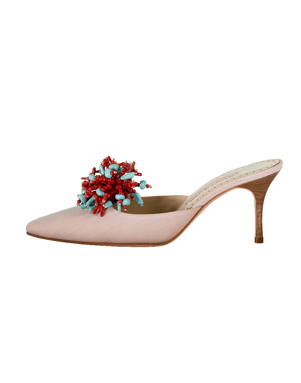 MANOLO BLAHNIK-Linen Beaded Coral Mule-