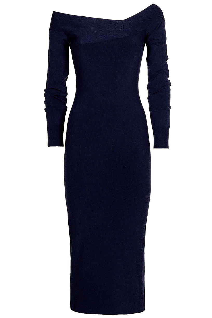 MANTU-Long Sleeve Off Shoulder Knit Midi Dress-