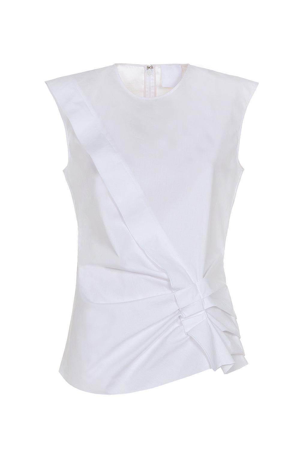 Sleeveless Gathered Top - White-WHITE-38-CLOTHINGTOPBLOUSE-MANTU