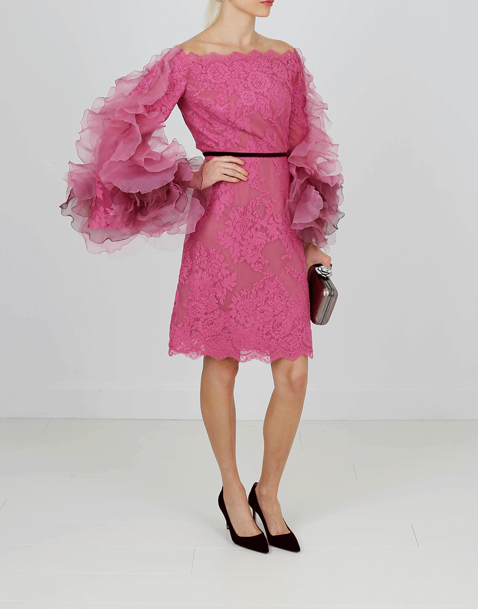 MARCHESA-Off Shoulder Lace Cocktail Dress-