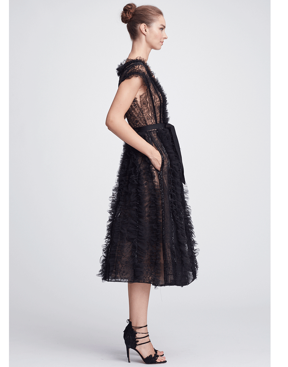 MARCHESA-Plunge Neck Embellished Tulle Dress-BLACK