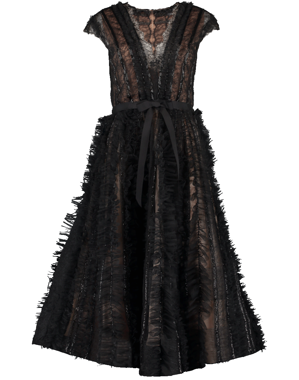 MARCHESA-Plunge Neck Embellished Tulle Dress-BLACK