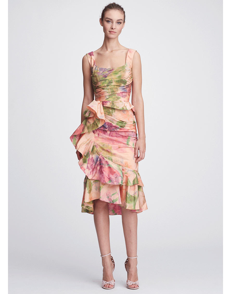 MARCHESA-Peplum Cascade Cocktail Dress-CORAL