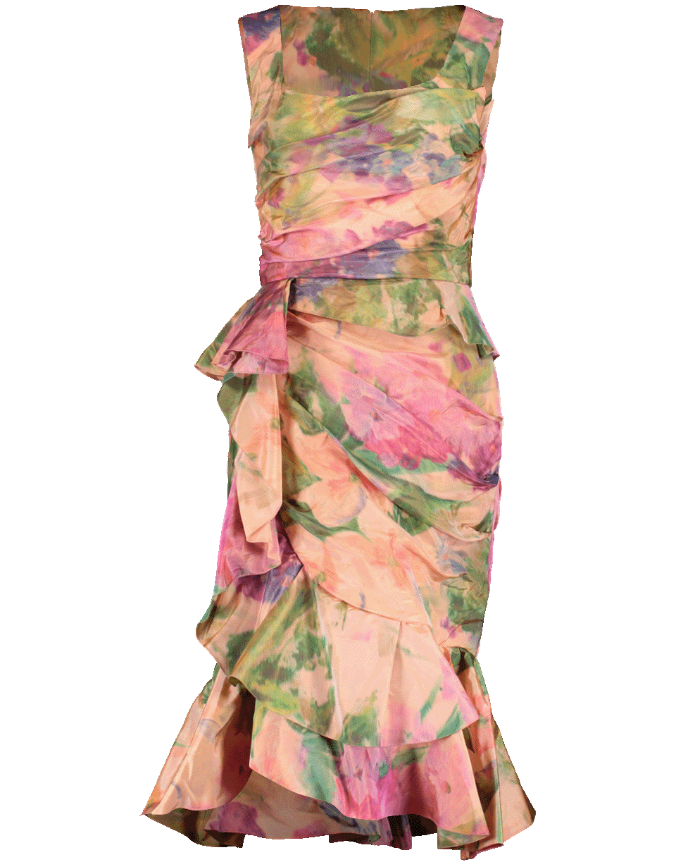 MARCHESA-Peplum Cascade Cocktail Dress-CORAL
