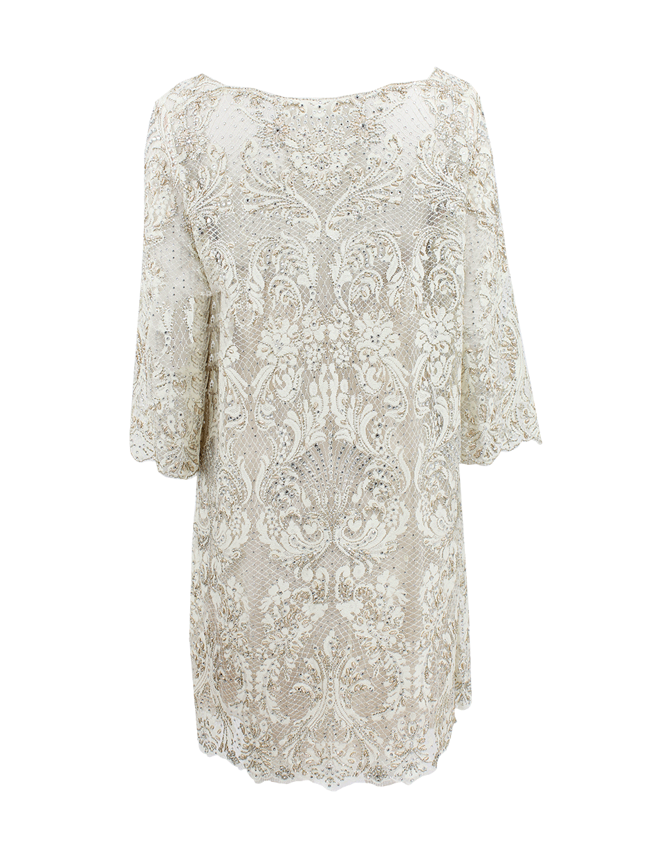 MARCHESA-Embroidered Lace Cocktail Shift Dress-CREAM