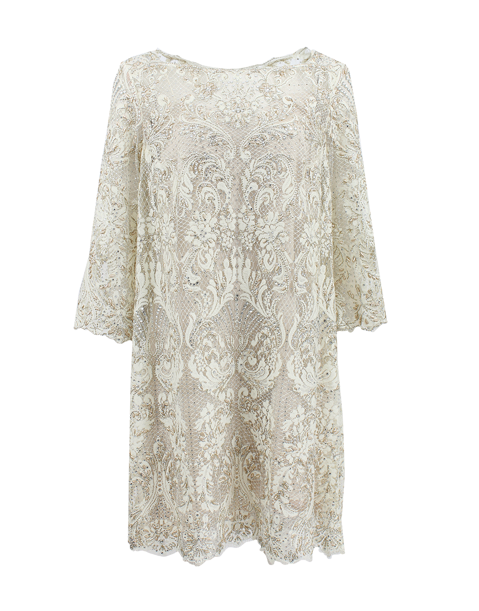 MARCHESA-Embroidered Lace Cocktail Shift Dress-CREAM