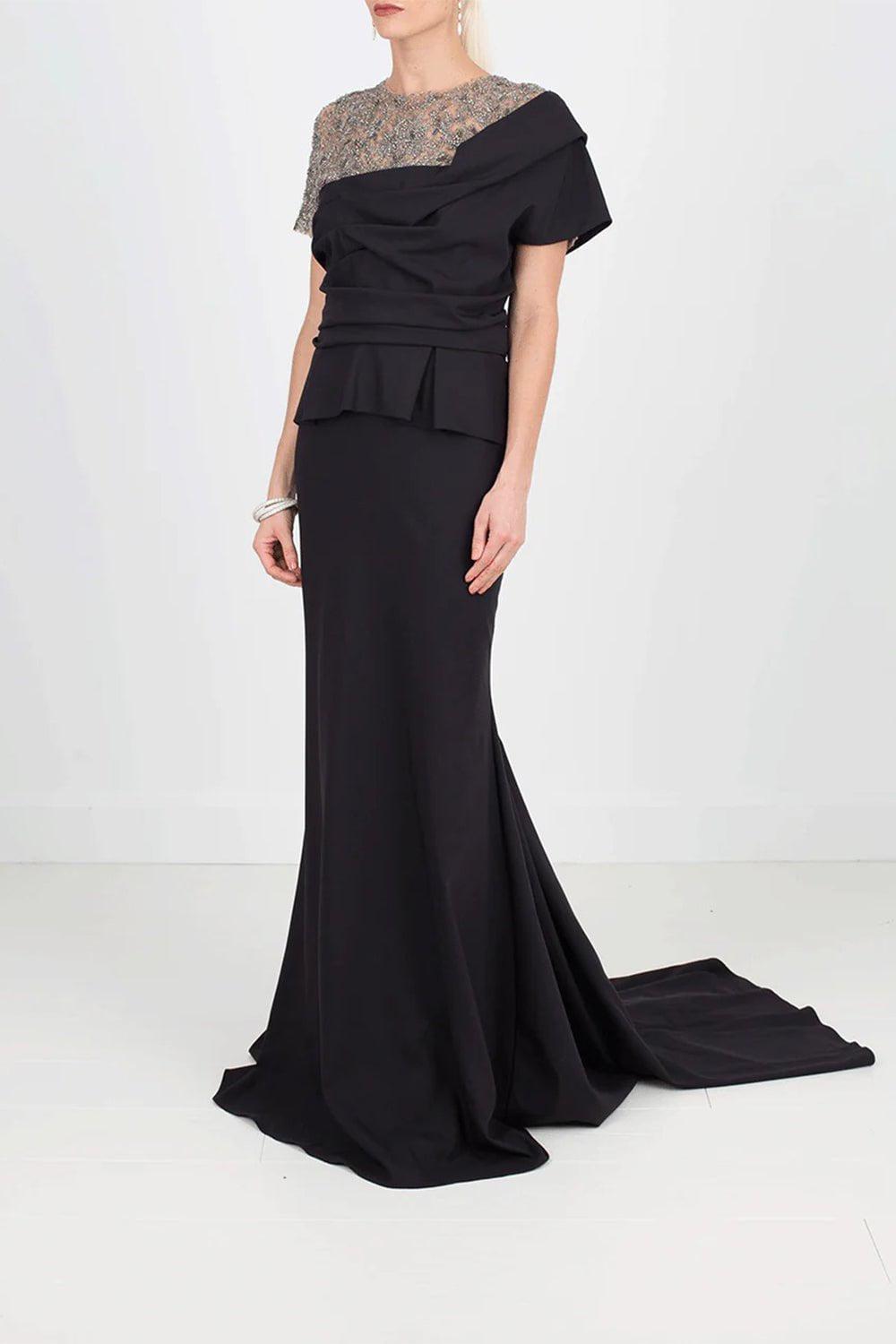 MARCHESA-Crystal Illusion Jersey Gown-BLACK
