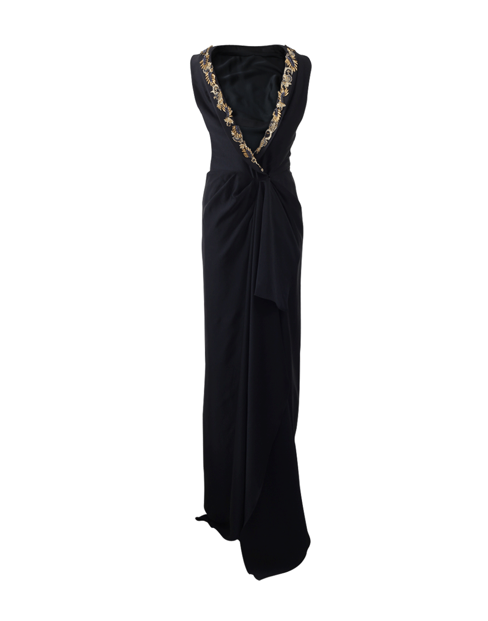 MARCHESA-Silk Crepe Column Gown-BLACK