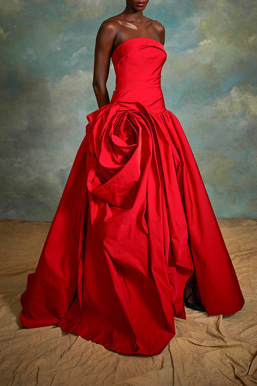 MARCHESA-Strapless Floral Drape Gown-RED
