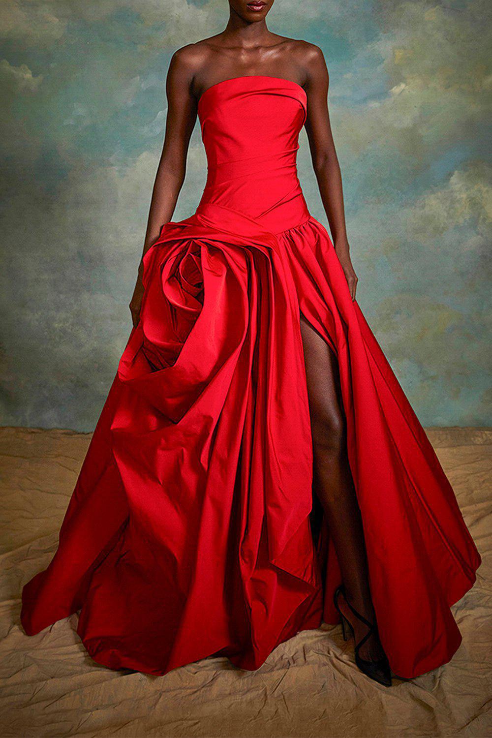 MARCHESA-Strapless Floral Drape Gown-RED