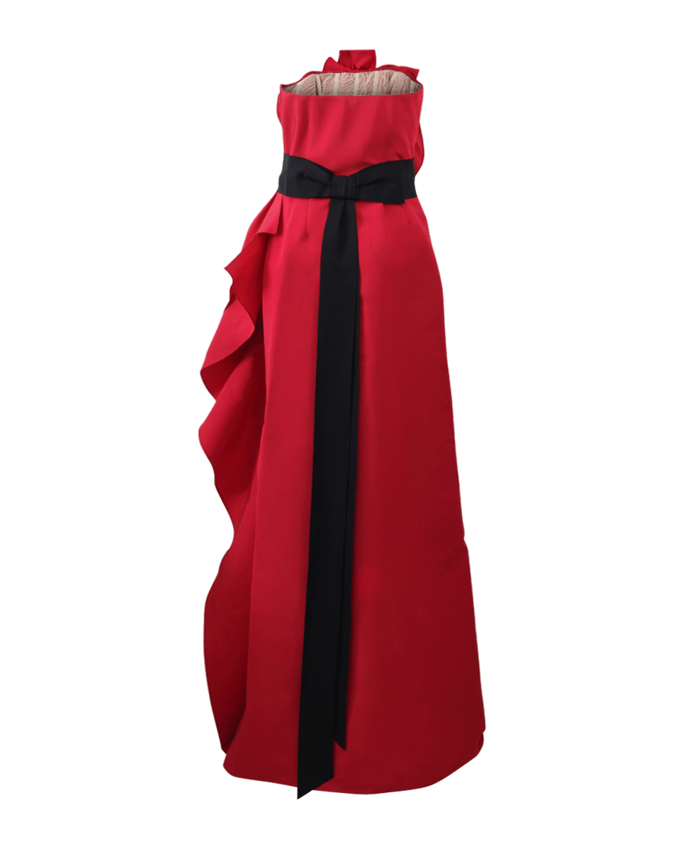 MARCHESA-Strapless Ruffled Belted Gown-RED