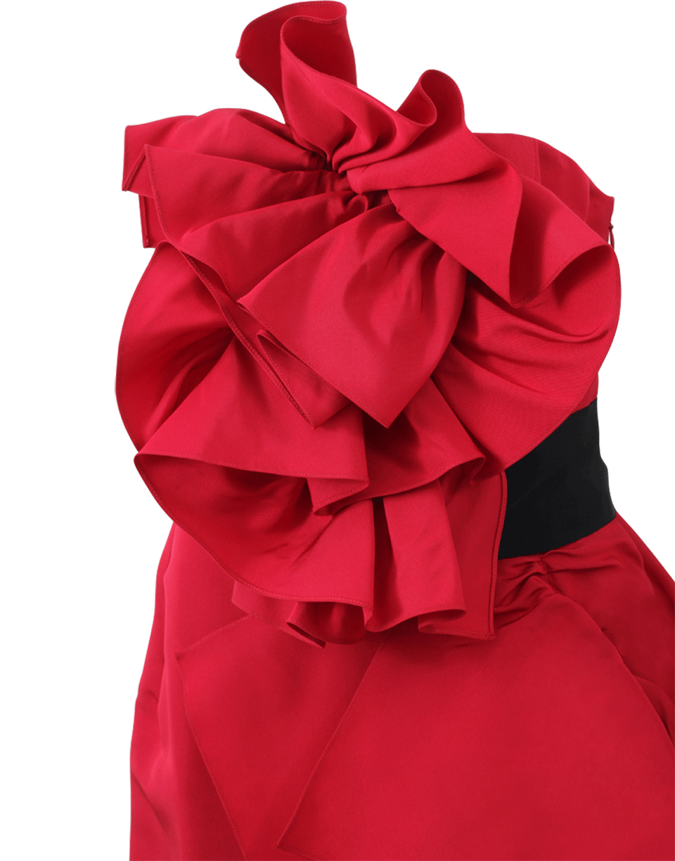 MARCHESA-Strapless Ruffled Belted Gown-RED