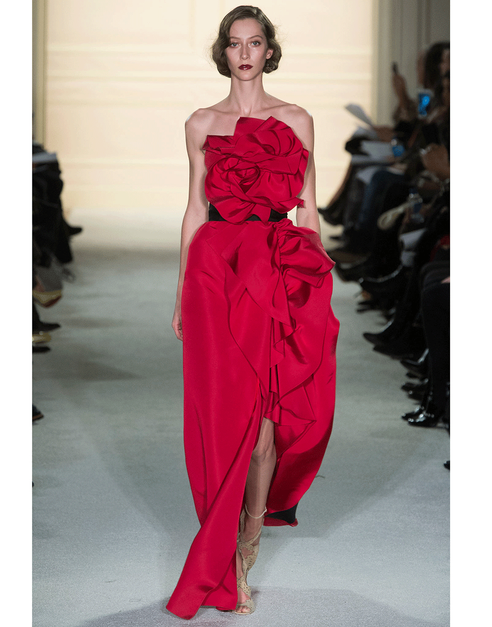 MARCHESA-Strapless Ruffled Belted Gown-RED