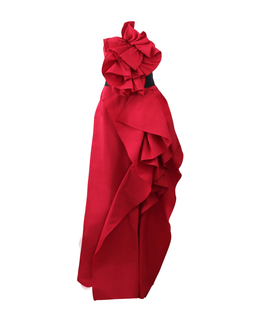 MARCHESA-Strapless Ruffled Belted Gown-RED