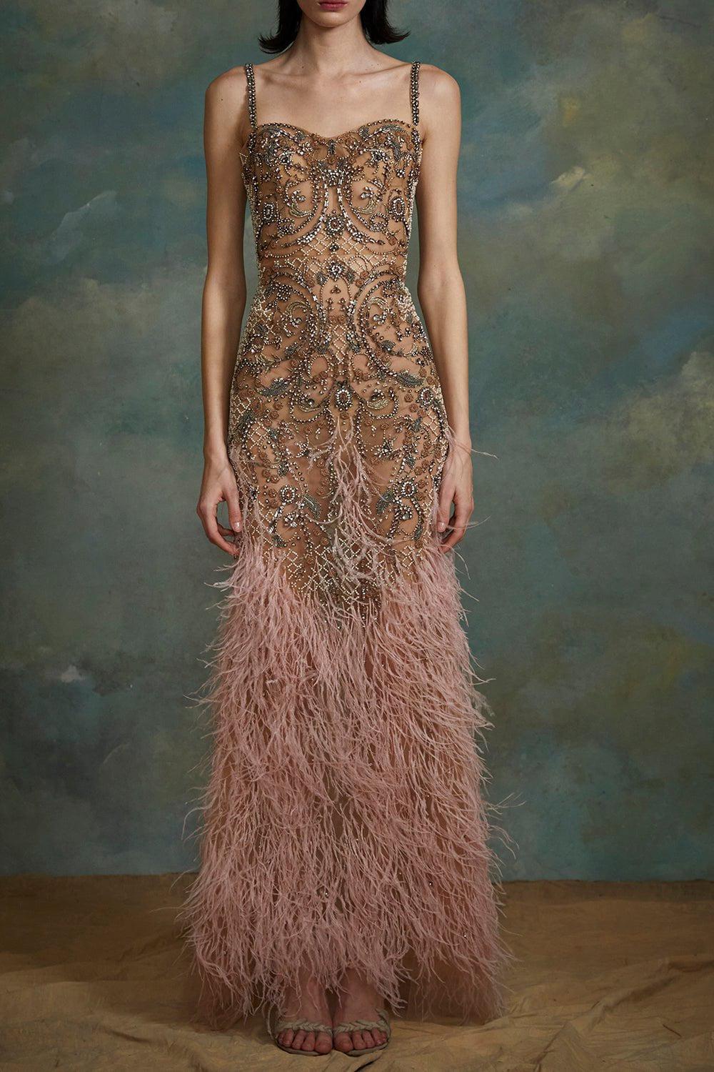MARCHESA-Corset Crystal Feather Gown-ROSE