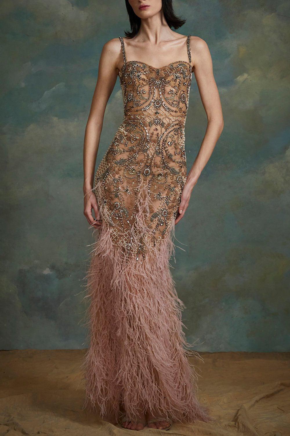 MARCHESA-Corset Crystal Feather Gown-ROSE