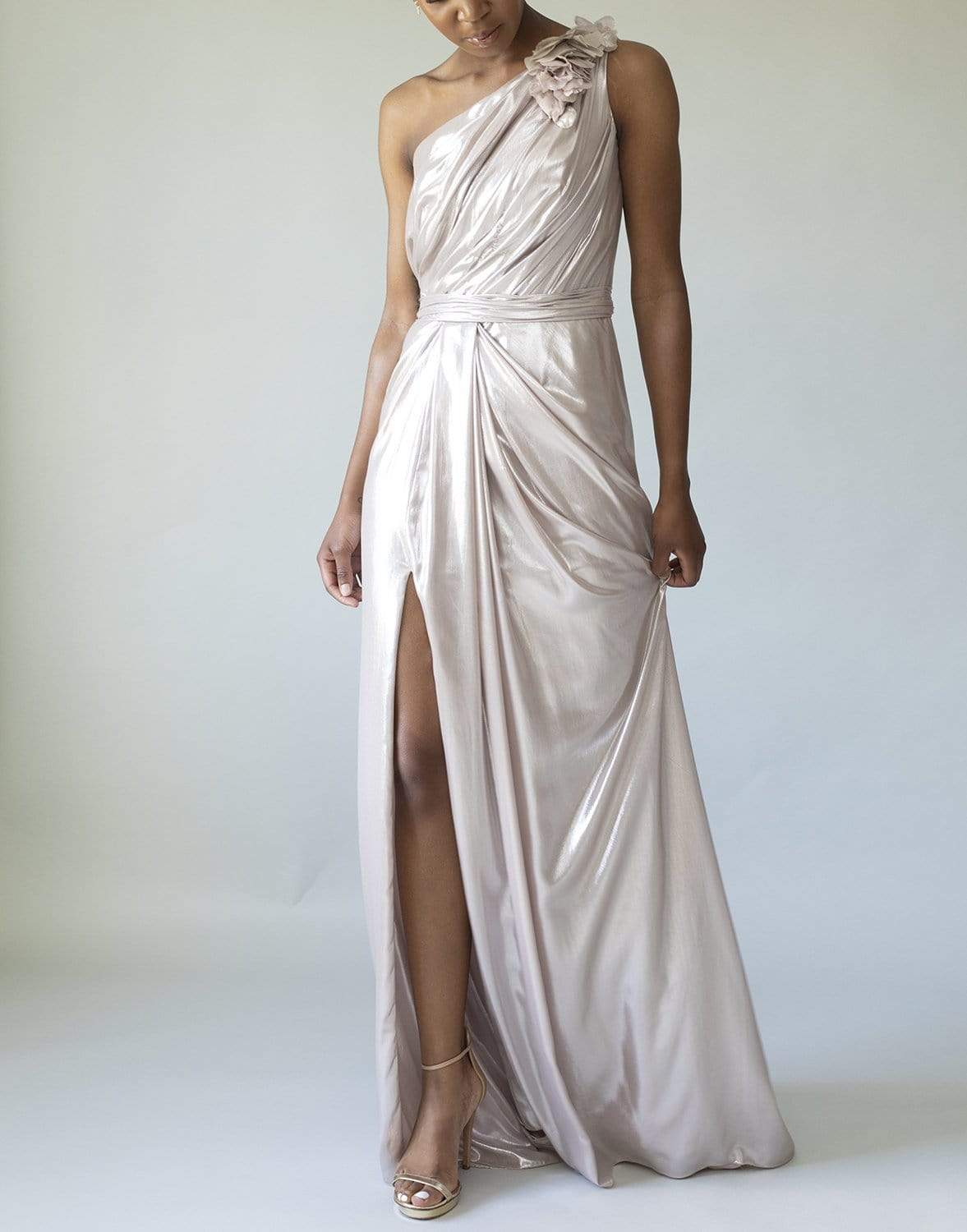 MARCHESA-Lamé One Shoulder Drape Gown-