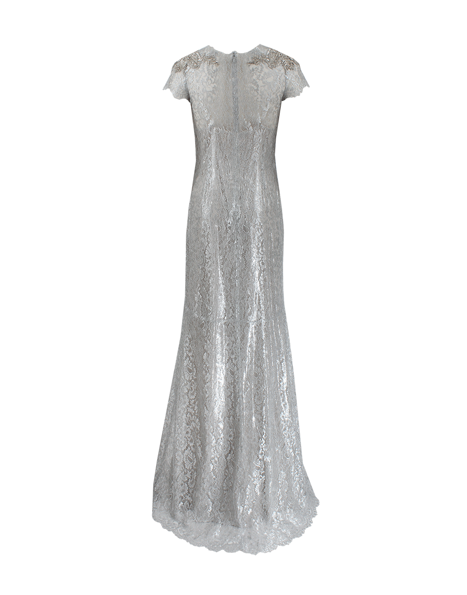 MARCHESA-Beaded Shoulder Column Gown-SILVER