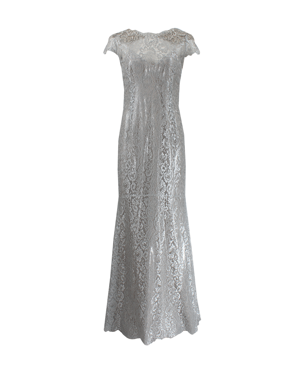 MARCHESA-Beaded Shoulder Column Gown-SILVER