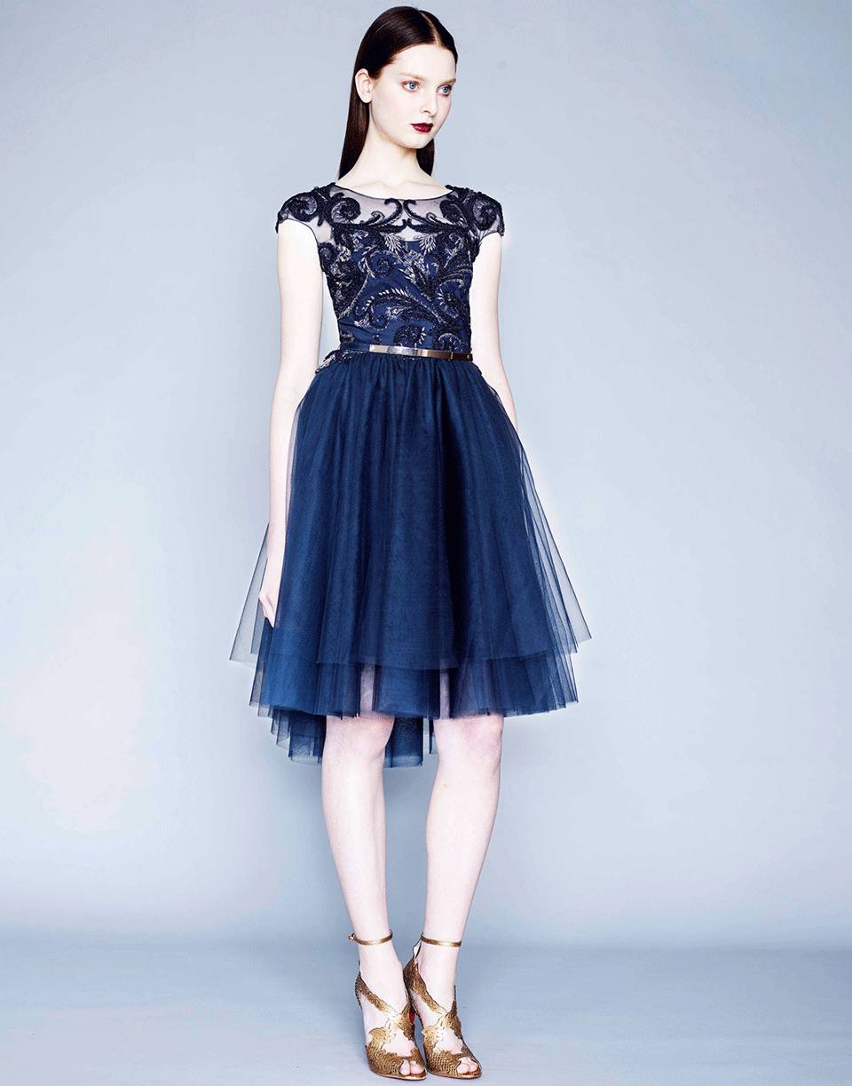 MARCHESA NOTTE-Embroidered Cap Sleeve Dress-