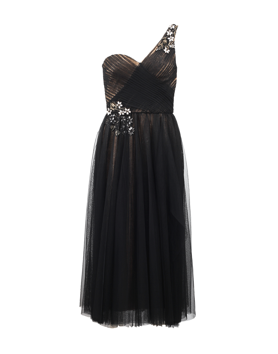 MARCHESA NOTTE-One Shoulder Tea Length Dress-
