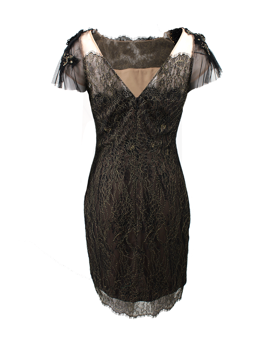 MARCHESA NOTTE-Metallic Lace Cocktail Dress-