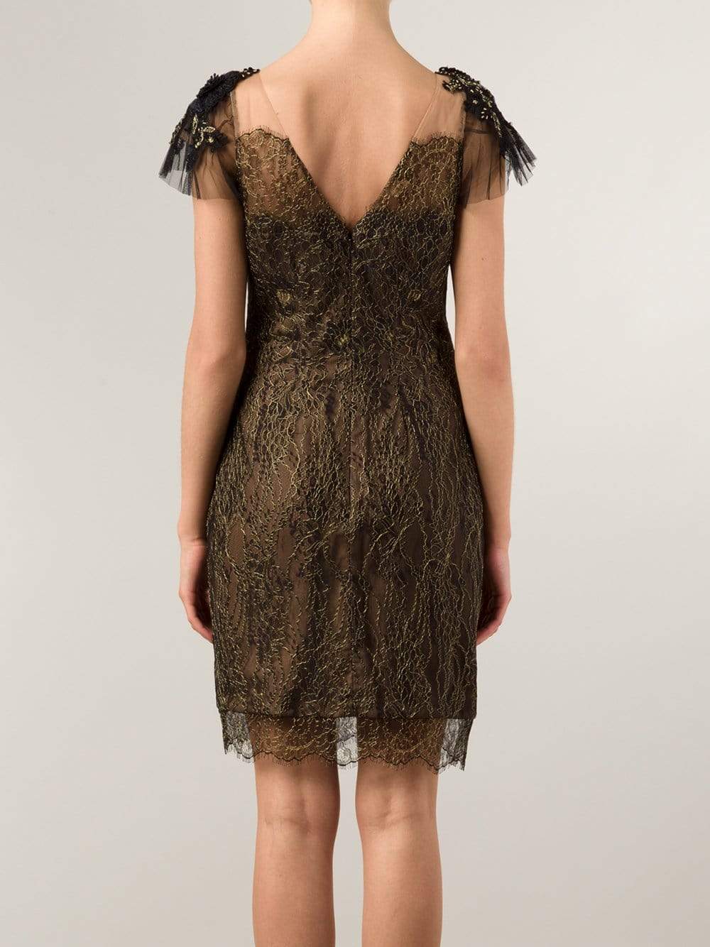 MARCHESA NOTTE-Metallic Lace Cocktail Dress-