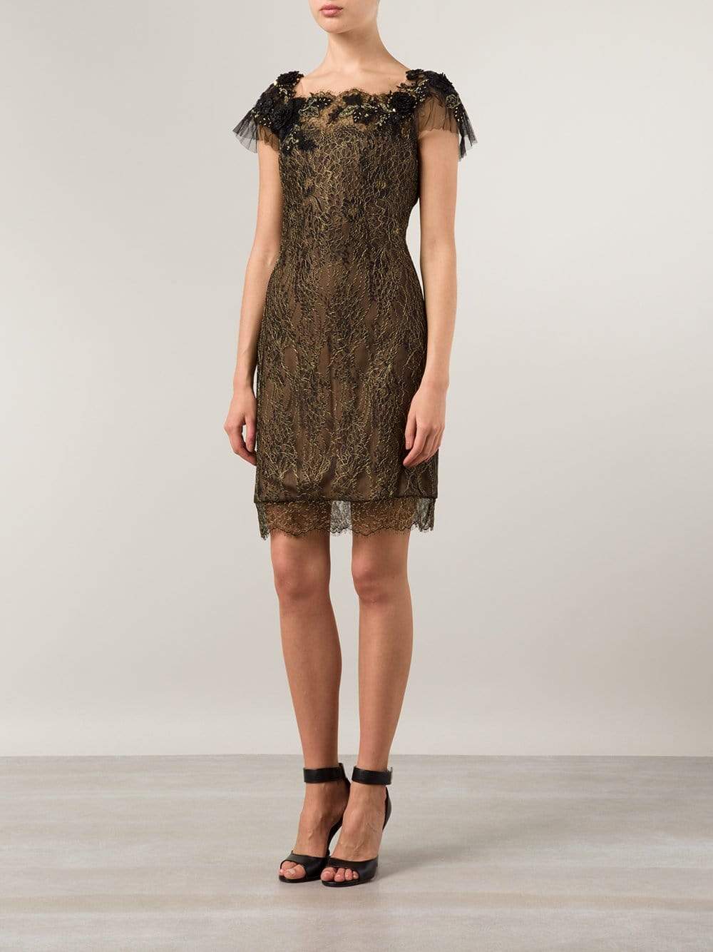 MARCHESA NOTTE-Metallic Lace Cocktail Dress-