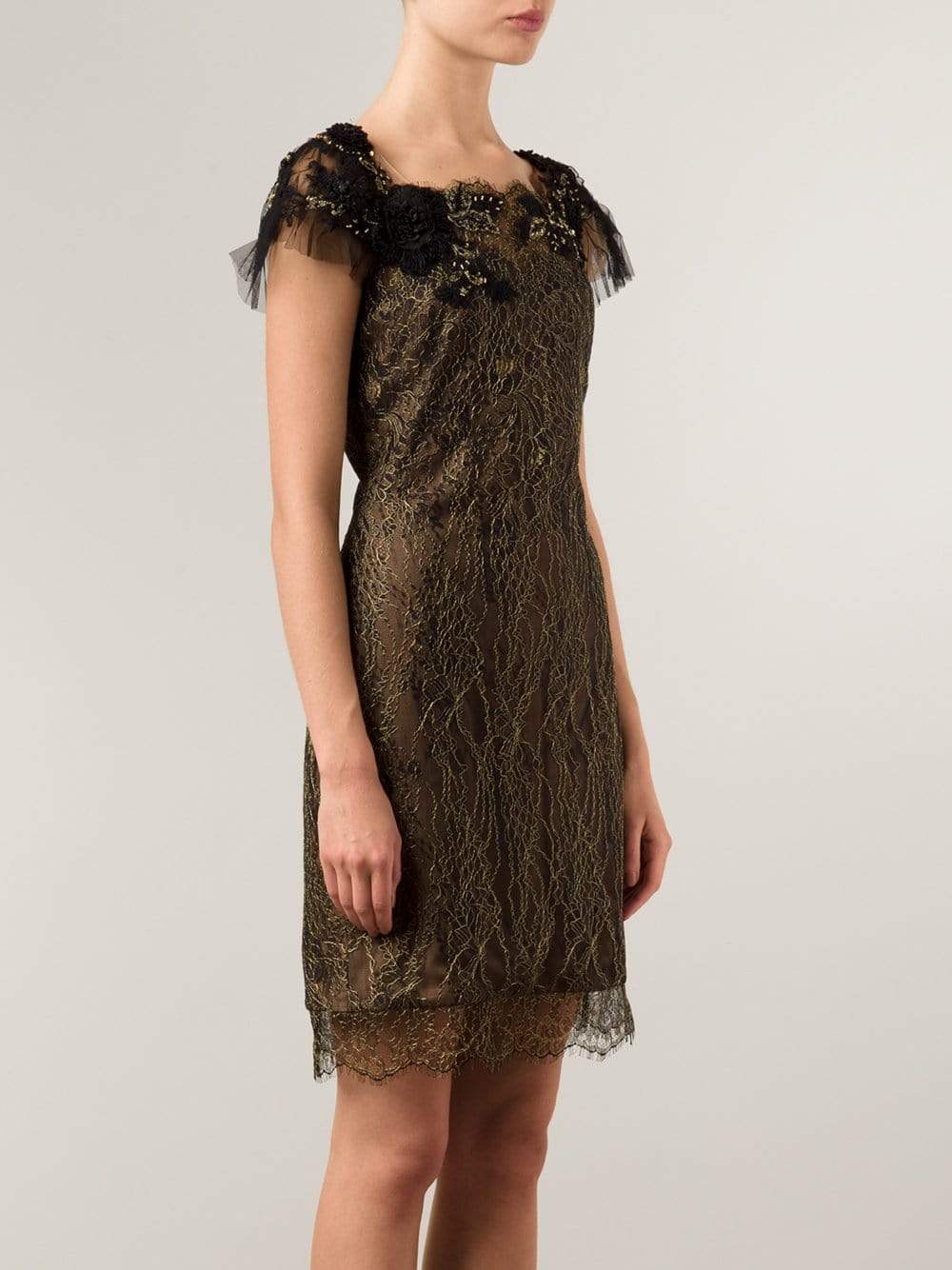 MARCHESA NOTTE-Metallic Lace Cocktail Dress-