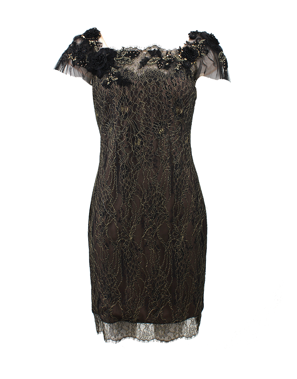MARCHESA NOTTE-Metallic Lace Cocktail Dress-