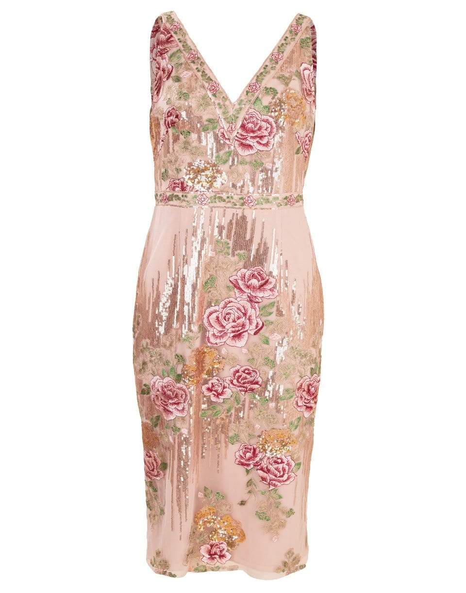 MARCHESA NOTTE-V-Neck Sequin Embroidered Cocktail Dress-