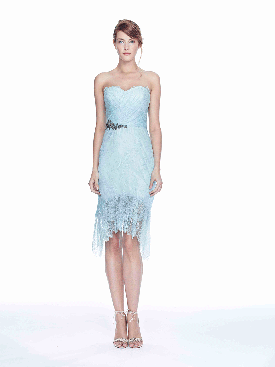 MARCHESA NOTTE-Strapless Embroidered Waist Lace Dress-