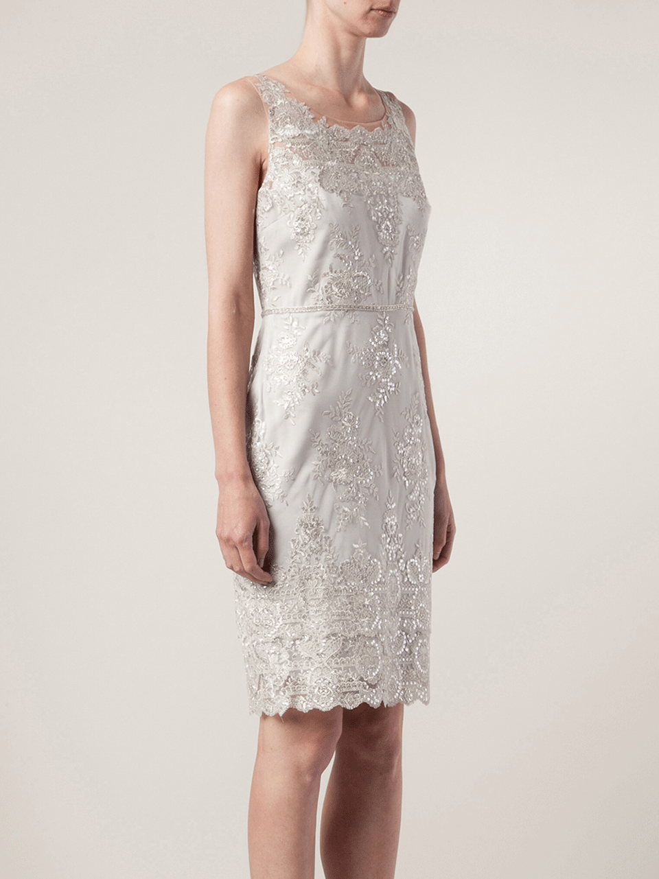 MARCHESA NOTTE-Illusion Neck Lace Cocktail Dress-