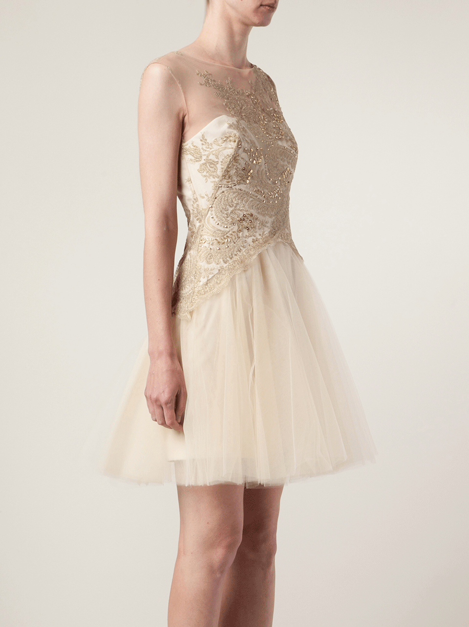 MARCHESA NOTTE-Illusion Embroidered Neck Dress-
