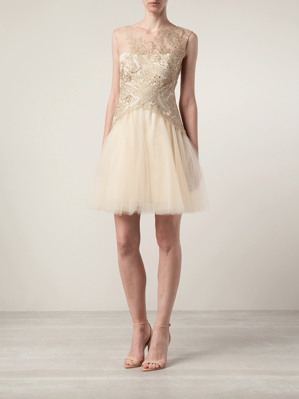 MARCHESA NOTTE-Illusion Embroidered Neck Dress-