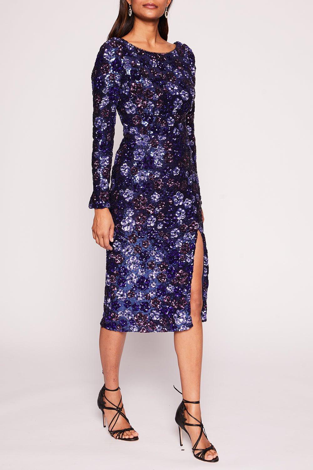 MARCHESA NOTTE-Long Sleeve Boat Neck Midi Dress-