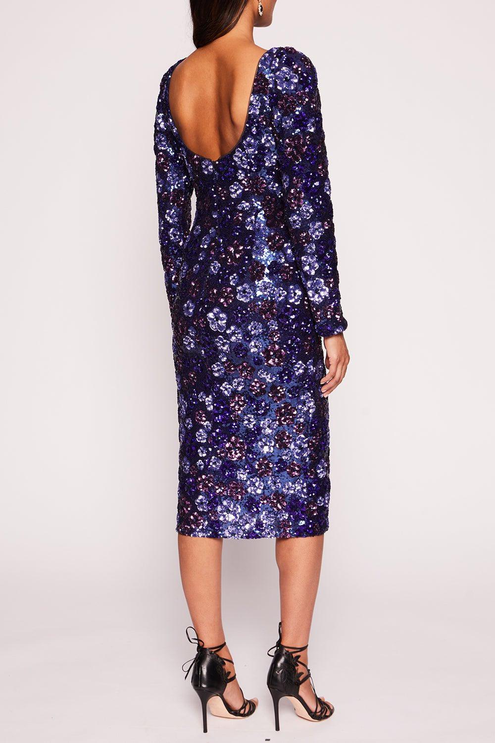 MARCHESA NOTTE-Long Sleeve Boat Neck Midi Dress-