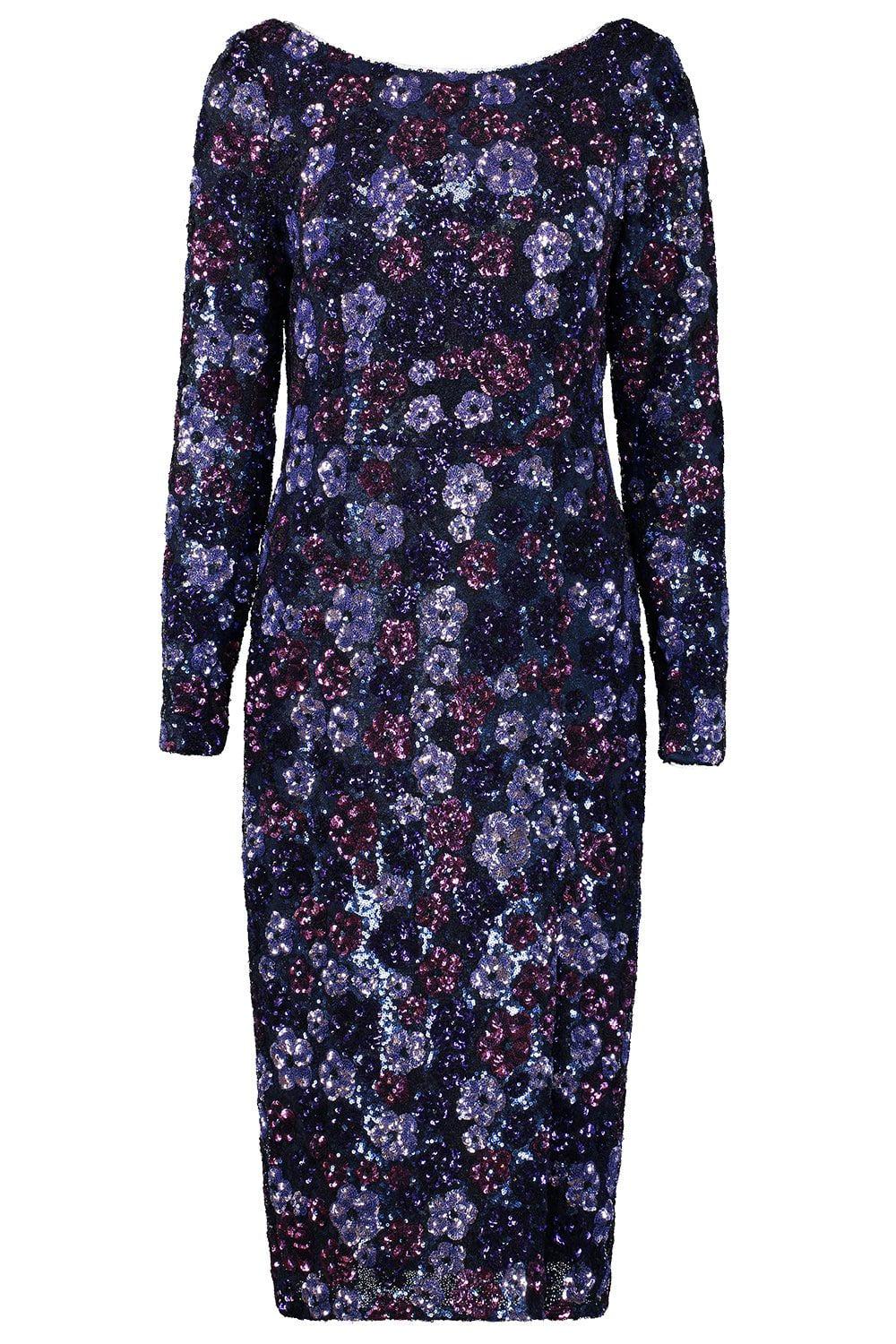 MARCHESA NOTTE-Long Sleeve Boat Neck Midi Dress-