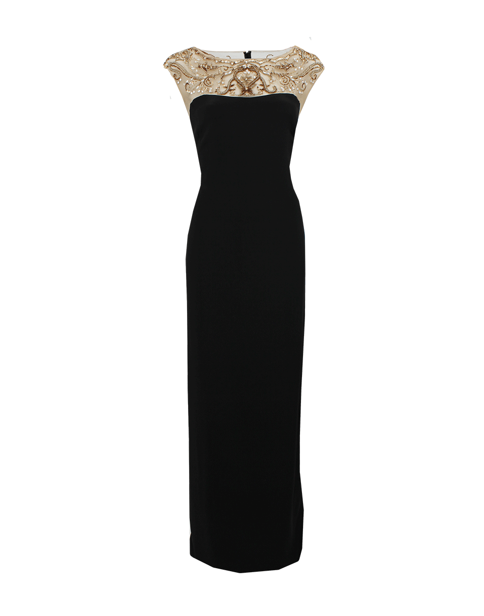 MARCHESA NOTTE-Embroidered Illusion Neckline Dress-